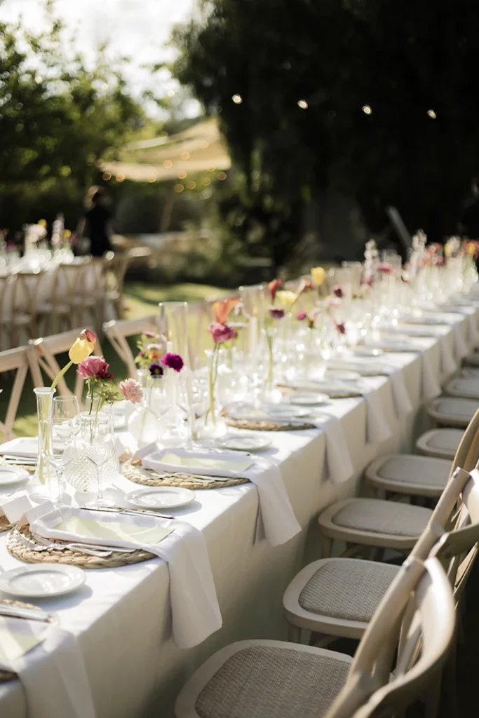 Elegant outdoor table setting at a luxury wedding in Sitges.