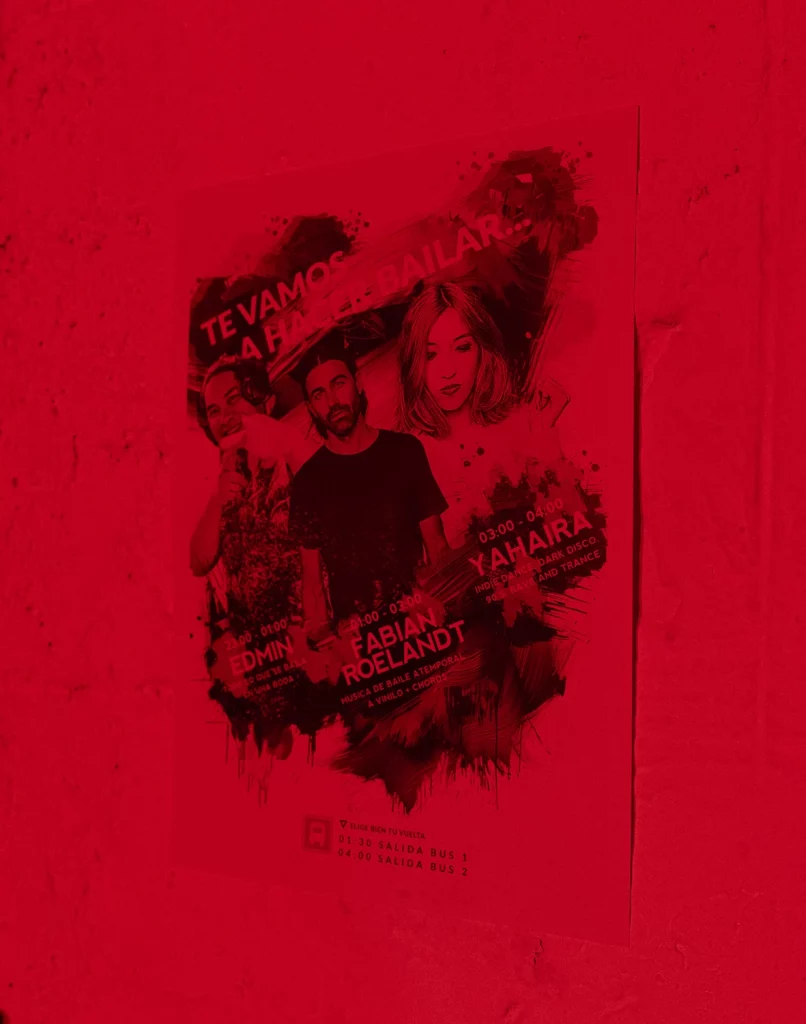 Diseño artístico en fondo rojo con retrato central y elementos florales, posiblemente parte de la decoración de la boda de Jon y Santi en Finca Gordiola. Fotografía de Inma del Valle.