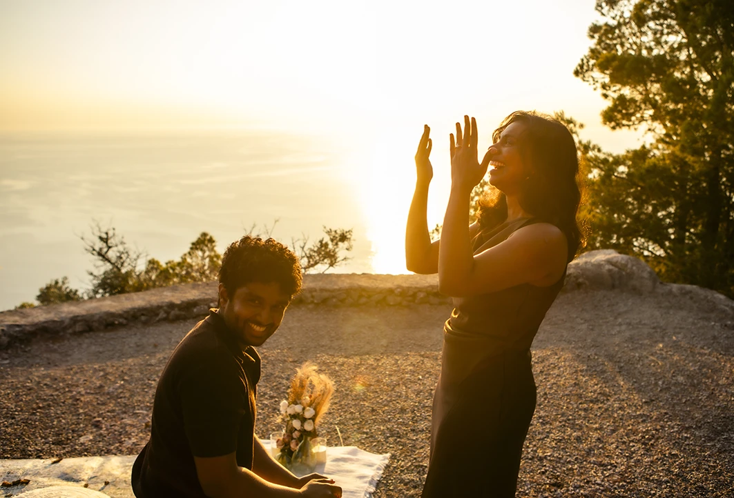 Emotion after a marriage proposal in Mallorca.