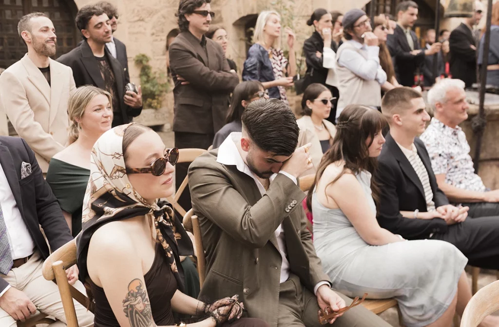 Emotional reaction from a guest during Jon and Santi’s wedding at Finca Gordiola.