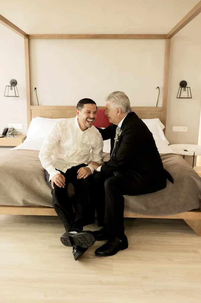Jon with his father before the wedding at Finca Gordiola Mallorca.