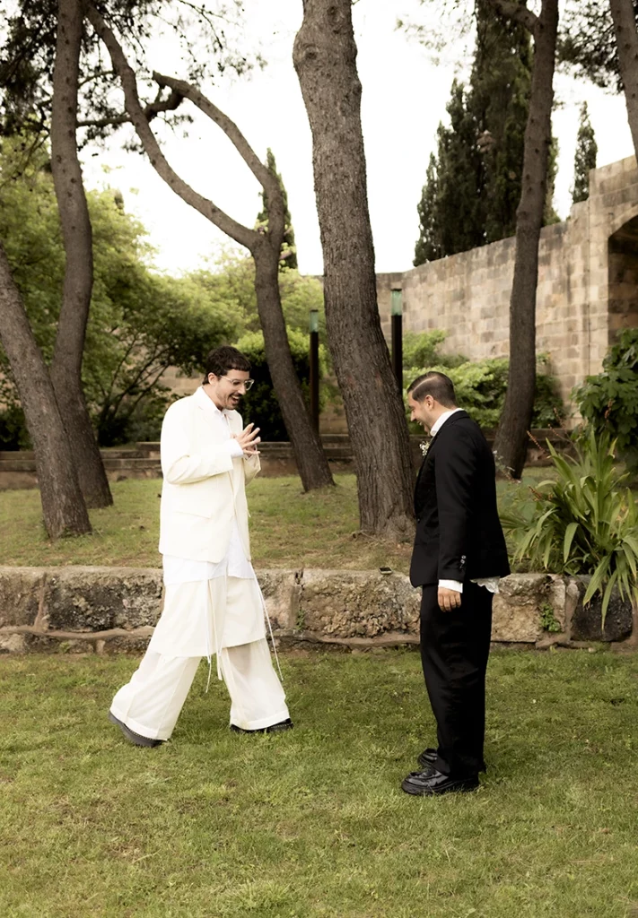 Emotional moment between grooms before the wedding at Finca Gordiola Mallorca.