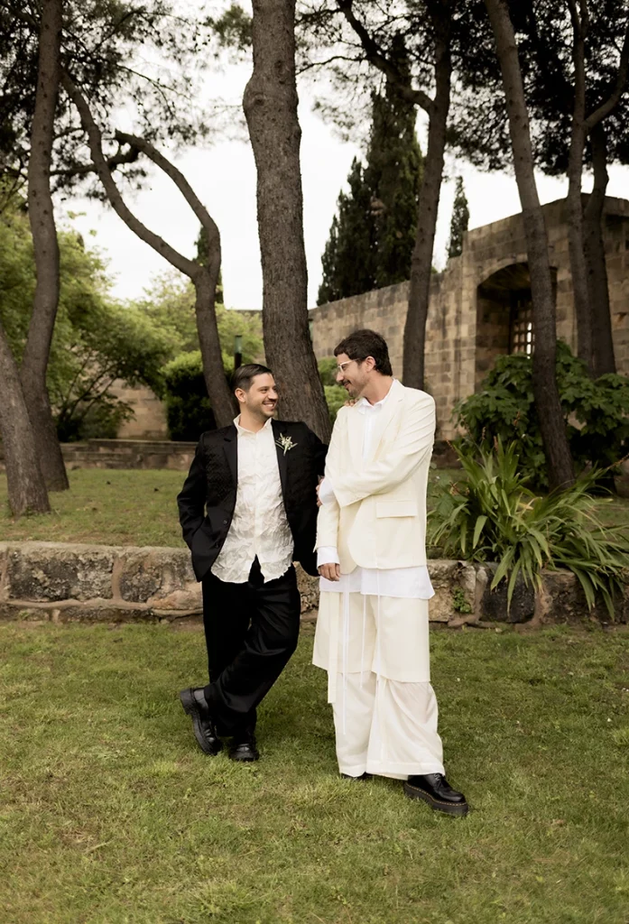 Couple walking together before their wedding at Finca Gordiola Mallorca.