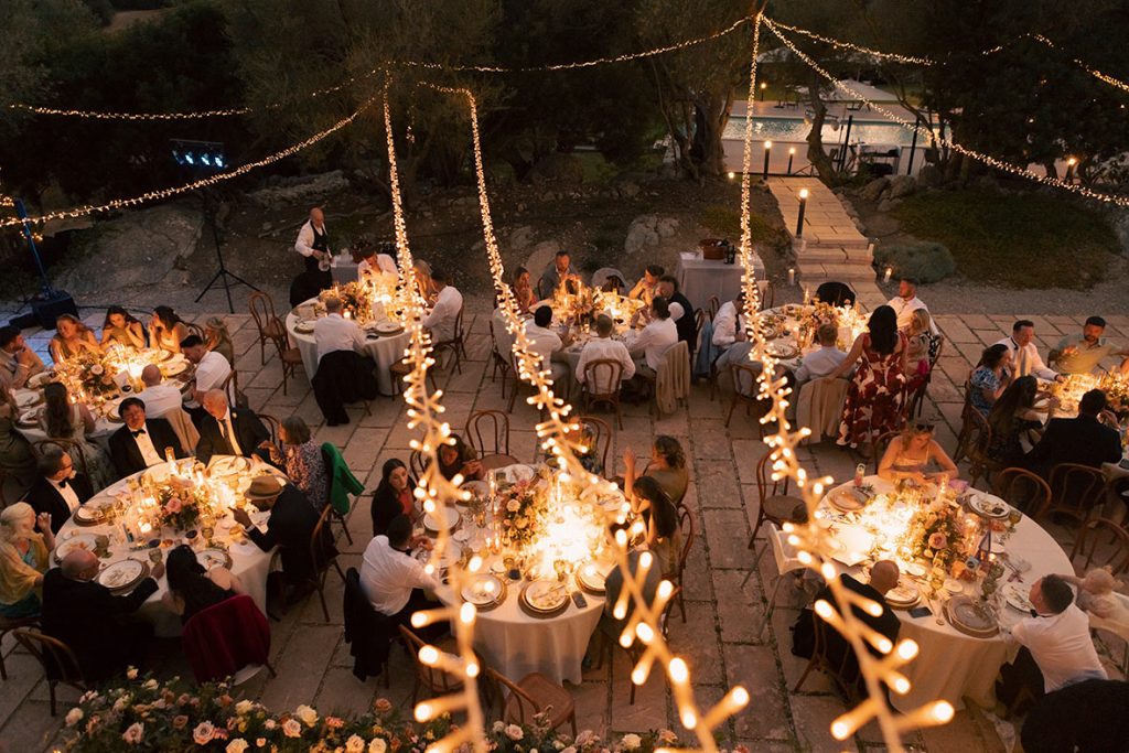 luxury wedding venue in Mallorca Las Barracas wedding dinner night lights