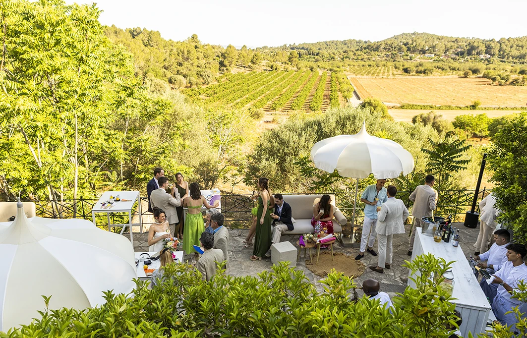 Son Togores Mallorca wedding cocktail with countryside views and guests enjoying outdoor celebration