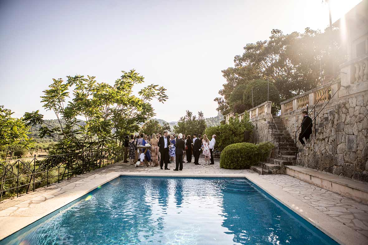 Son Togores Mallorca wedding pool area cocktail with guests