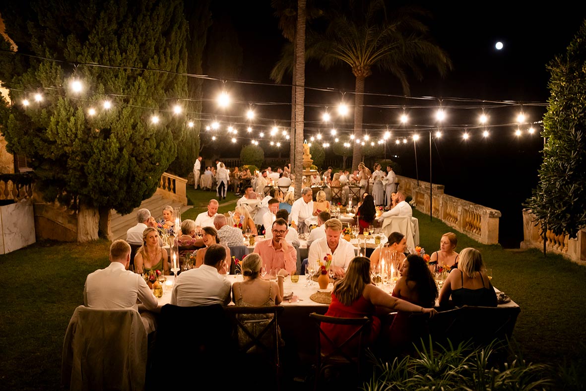 elegant outdoor wedding dinner at Son Togores Mallorca under warm lights
