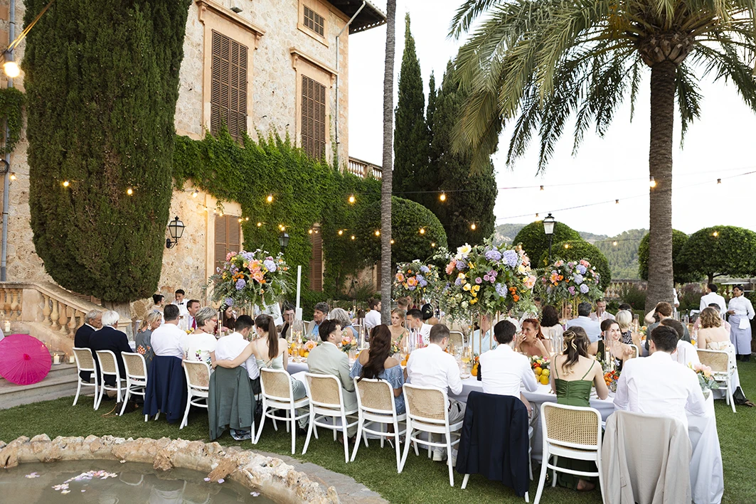 outdoor wedding banquet at Son Togores Mallorca with long table and greenery