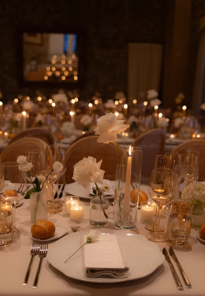 wedding table detail with flowers and candles in Son Marroig Mallorca