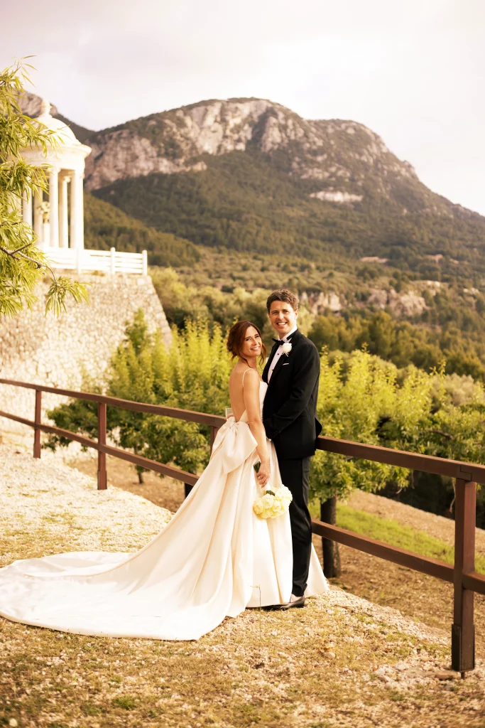 bride and groom posing in Son Marroig Mallorca with mountain and nature background