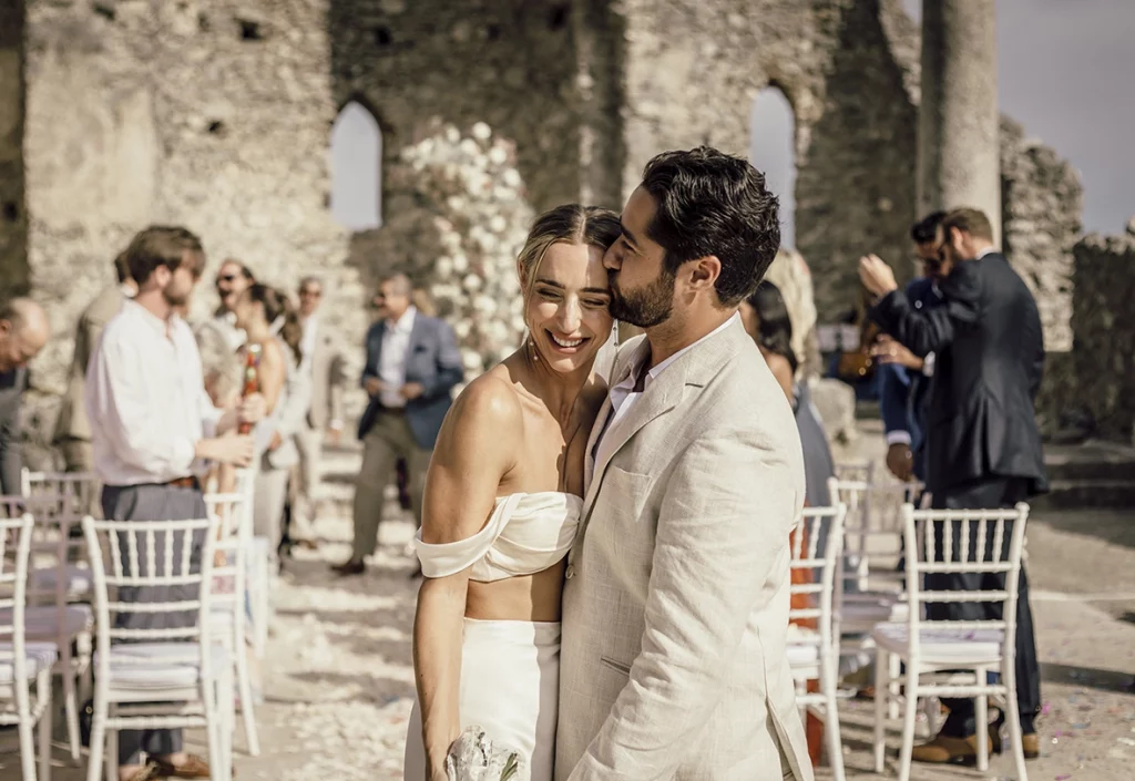 emotional couple embracing during wedding in Mallorca