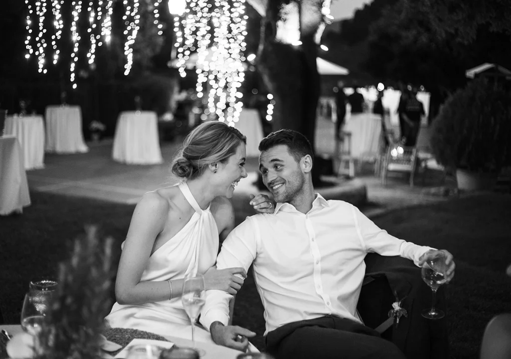 couple sharing an intimate moment during wedding in Mallorca black and white