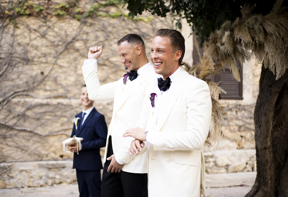 emotional grooms during wedding ceremony in Mallorca