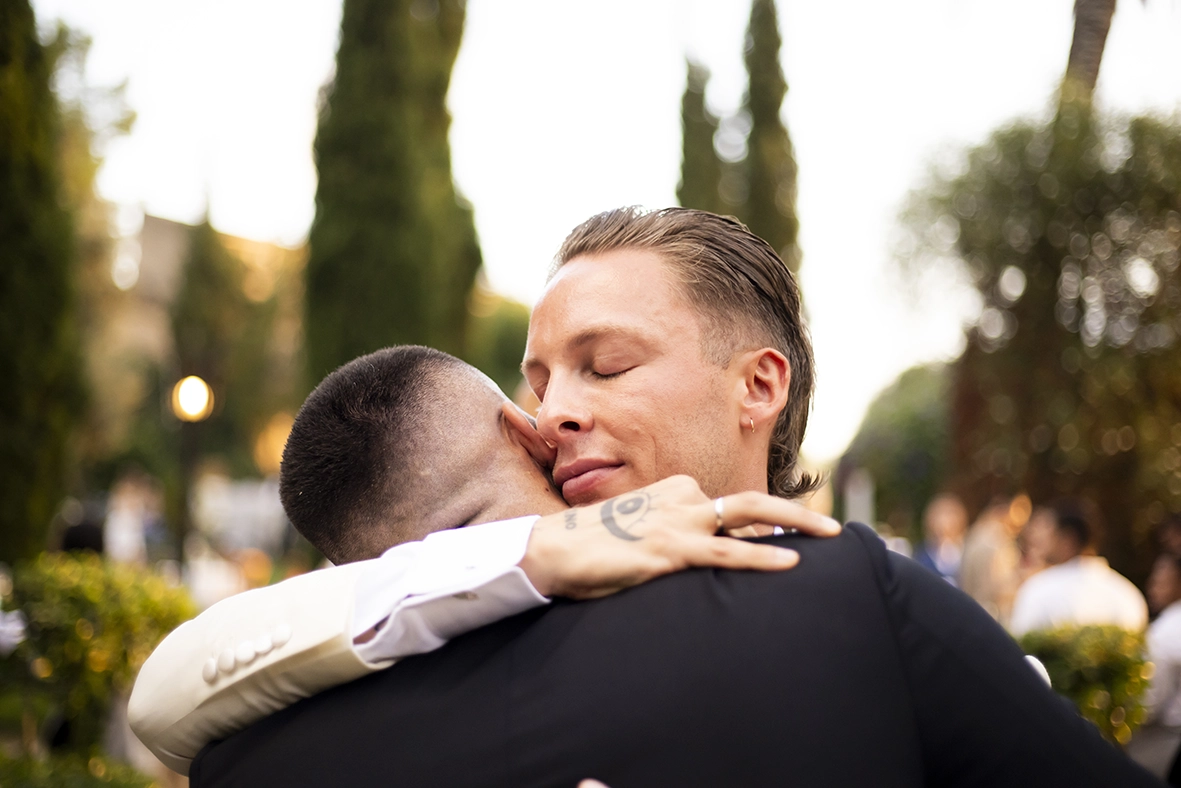 emotional couple hugging during wedding in Mallorca