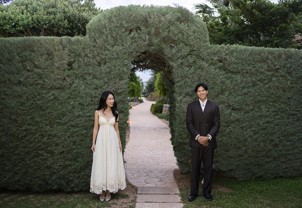 Elegant couple portrait during a marriage proposal at Belmond La Residencia Deià gardens