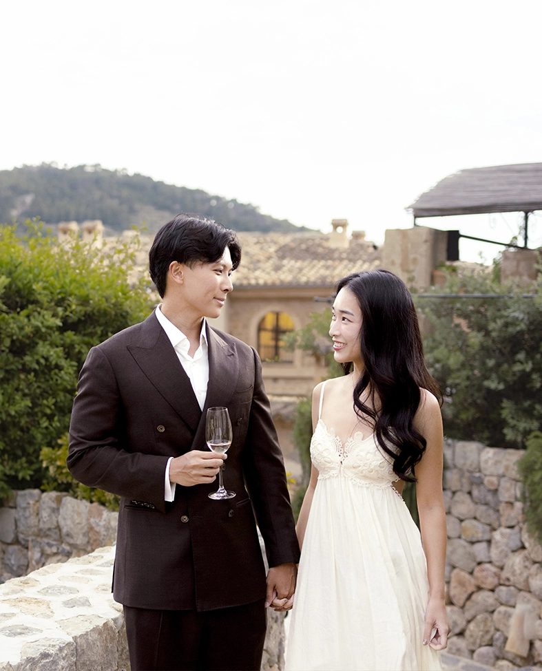 Elegant couple portrait during a marriage proposal at Belmond La Residencia Deià in Mallorca