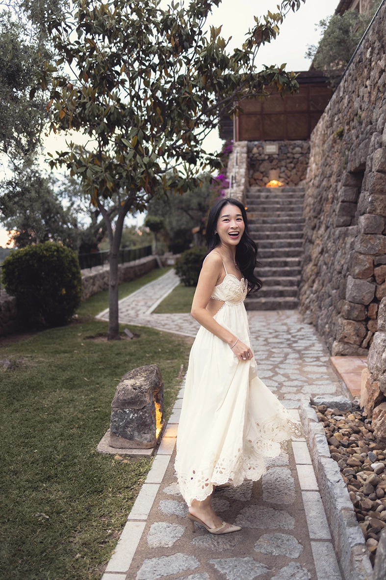 Elegant portrait of Fey during a marriage proposal at Belmond La Residencia Deià