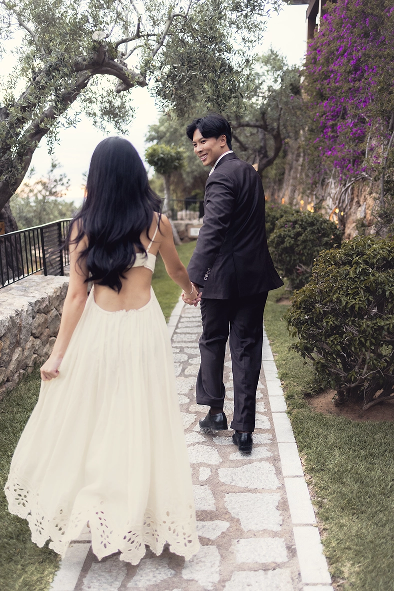 Romantic walk at sunset during a marriage proposal at Belmond La Residencia Deià