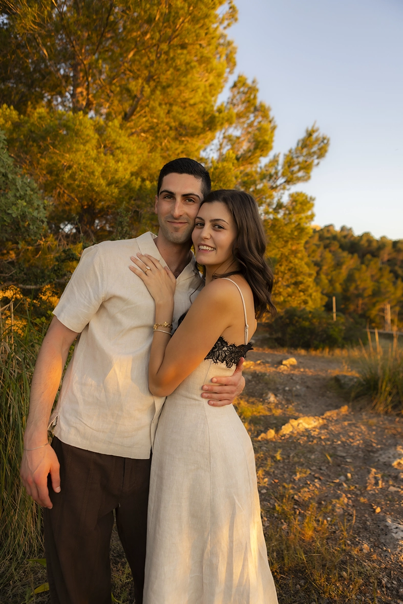 Engaged couple portrait captured by an engagement photographer in Mallorca during golden hour